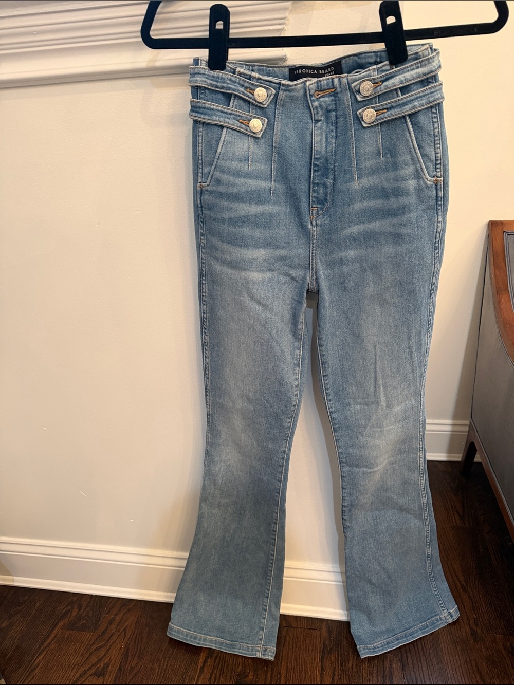 Veronica Beard Faded Light Blue Beverly Skinny High Rise Flare Jeans